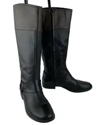 Ralph Lauren Sulita Harness Riding Boots 8 Black Brown Leather Knee High Zip