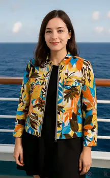 Chico’s Colorful Leaf Print Women's Jean Jacket Hawaii Floral Yellow Nature