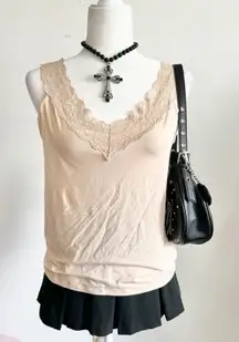 Beige‎ Lace Trim Tank Top, Y2K Coquette Vintage Western Boho, XL