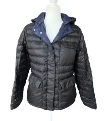 Athleta Black/Blue Puffer Jacket Women's Size M Removeable Hood Inside Pockets