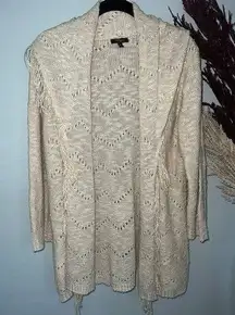 Cupio size XL beige fringed open front cardigan long boho knit sweater EUC