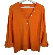 Loft Size M Sweater Roll Tab Henley Women’s Orange Knit Long Tab Sleeve V-neck
