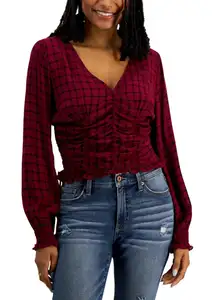 Crave Fame Plaid‎ Blouse Ruched Front Long Sleeve Top Burgundy Small