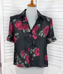 Studio I Sheer Ruffle‎ Trim Roses Floral Crop Y2K Blouse Black Red 8 Gothic Top