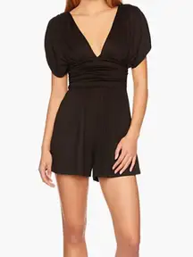 New! SUSANA MONACO Short-sleeve Gathered V-neck Romper In Black‎