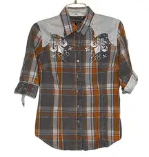 Affliction Black Premium Diamond Snap Western Shirt Size Small Orange Plaid