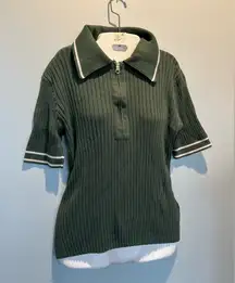 Varley Napier Fit Striped Ribbed Cotton Blend Knit 1/4 zip short sleeve polo top