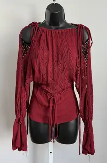 Red Open Knit Top sz M  Heavy Weight Boho Long Sleeve Tie Waist Blouse Cottage