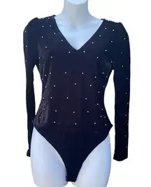 Iris  velvet long sleeve Pearl studded deep v neck bodysuit