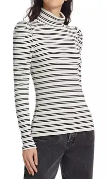 Veronica Beard Black and White Striped Cotton Turtleneck Top