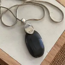 Signed KC Sterling Silver Oval Black Onyx Pendant Necklace 18" Handmade Artisan
