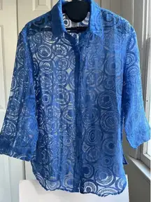 Sheer Oversized Blue Nylon Blouse Shirt Swim Cover Up Top Blouson,‎ Size L