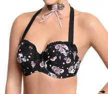 Skulls & Roses Black Ruffle Bikini Swim Top Sz. S  Beach Babe