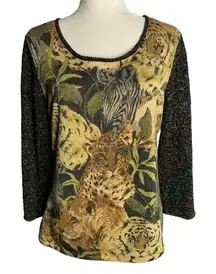 Metallic Safari Print Silk Blend Sweater L Black Loose Knit Sleeve Zebra Leopard