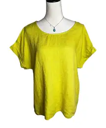 Terzo Millennio Linen Top Large | Chartreuse Green Boxy Relaxed Fit Eyelet Back