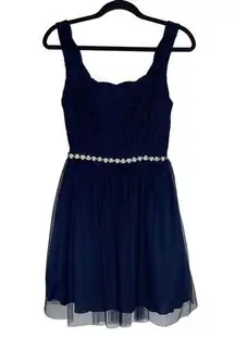 Jodi Kristopher Navy Blue Laced Scalloped Neck Formal Mini Dress Size 5