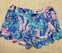 Lilly Pulitzer Blue and Pink Patterned Scallop Edge Pull on Shorts