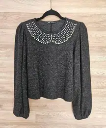 ZARA Gray Pearl Beaded Neckline Sweater Women’s Small