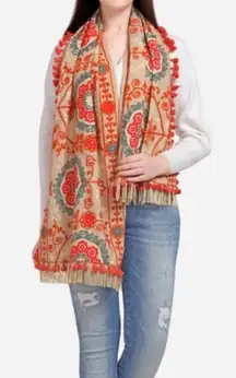 Mesmora rust orange beige floral embroidered fringe tassel wrap scarf