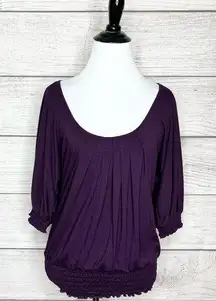 Purple Pleated Scoop Neck Blouse Top w/ Dolman Sleeves & Banded Waist Size Small