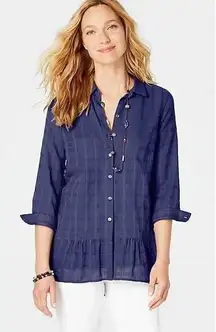 J. JILL Navy‎ Blue Jacquard 3/4 Sleeve Elliptical Top Tunic Button Front Sheer L