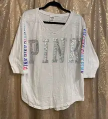 PINK Victoria’s Secret Watercolor Sequin Bling Oversized White T-Shirt, M