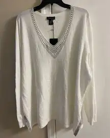 Adrienne Vittadini sweater v neck pullover white studded long line 3X NWT