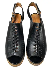 Clarks Artisan Black Leather Slingback Peep Toe Block Heel Sandals Size 7 1/2