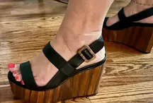 Jimmy Choo London Nazli Black Leather Wedge Sandals
Size: 38.5 (US 8)