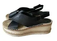 Marc Fisher Gandy Black Platform Wedge Espadrille Leather Sandals SZ 9M