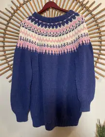 VTG Hand Knit Women’s Fair Isle Women's Sweater Cozy Cabincore Cottagecore Blue