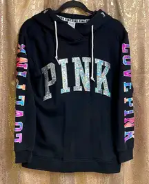 RARE HTF PINK VS watercolor holographic sequin bling black sweatshirt, XS