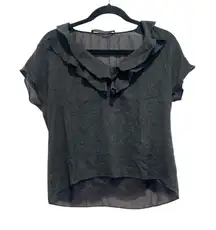 Womens Zara Basic Ruffle Black Short‎ Sleeve Lace Top Blouse Small