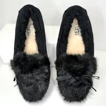 UGG NEW  BLACK Ansley Shaine FUR BOW TIE SUEDE SHEARLING LINED SLIPPERS