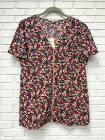 Davi & Dani Women's Large Multicolor Floral V-Neck Short Sleeve Loose Fit Blouse