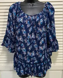Fever‎ Blouse Size Small Blue Floral Ruffle Crochet Elastic Hem 3/4 Sleeves Boho