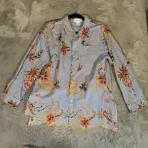 Peck & Peck Floral Embroidered Seersucker Button‎ Down Top Blouse Large Cotton