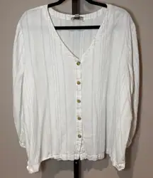Loft Linen Blend Button Down V-Neck Top White Cream Stripe Size XXL