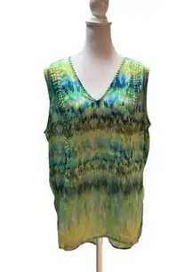 Blue, Green, Gray Abstract Print Sleeveless B-Neck Pleated Top 16