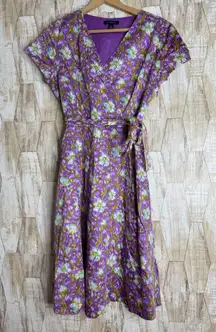 Lands End Womens Size 8 Floral Print Short Sleeve Belted Midi Dress Purple