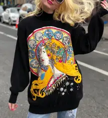 80s Vintage Bonnie Boerer Art Sweater Zodiac Astrology Beaded Black Knit Size S