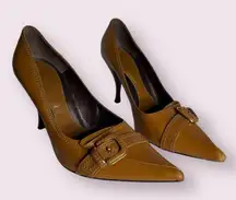 Sergio Rossi Caramel Brown Leather Pointed Toe Buckle Heels 9.5