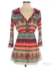 NEW DIRECTIONS Tie Dye Babydoll Top Long Sleeve Striped Crinkle Orange Small