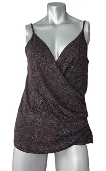 MANGO MNG Glitter Ruched Cami Red Faux Wrap Top Size Large Glam Y2k NEW NYE