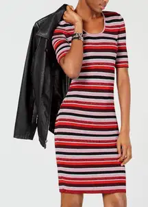 Bar III Ribbed Sweater Dress in Pink Red Black Shimmer Stripe Size L