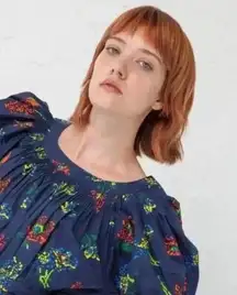 Ulla Johnson Joelle Poplin Puff Sleeve Midnight Blue Floral Top Blouse Size 0 XS