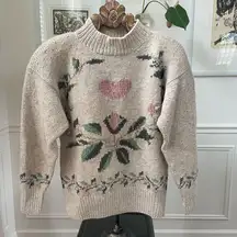 Vintage 80s 90s Folk Art Tulip Heart Mock Neck Sweater S