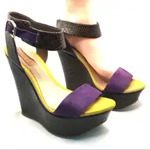 SCHUTZ "CASEY" PURPLE AND YELLOW SUEDE PLATFORM ANKLE STRAP WEDGE HEELS (7)