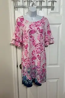 Lilly Pulitzer Lula Dress Coral Reef Tint Flamingle Engineered Waffle sleeves S