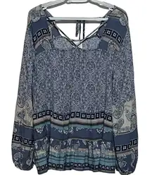 Knox Rose Women's Blue Floral Square Neck Ruffled‎ Hem Long Sleeve Size XXL